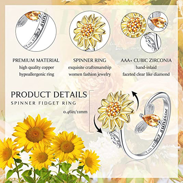 Fidget Rings for Women Sunflower Bee Anxiety Ring Anti-stress Rotating Jewelry Gift