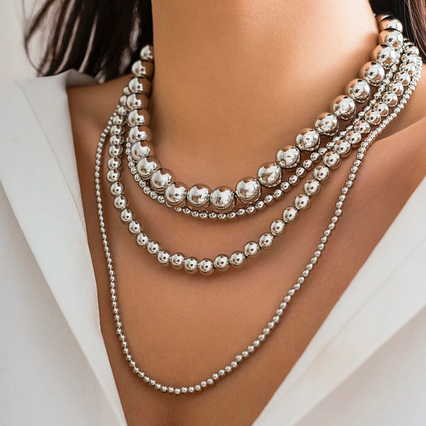 Multilayer Silver Color Big Beads Necklace