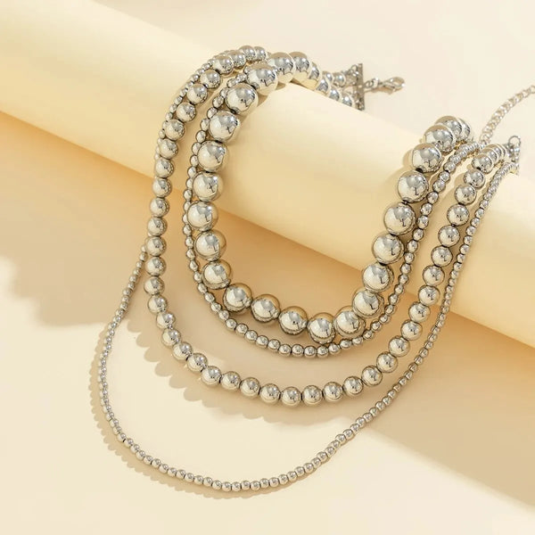 Multilayer Silver Color Big Beads Necklace