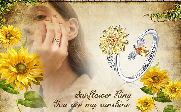 Fidget Rings for Women Sunflower Bee Anxiety Ring Anti-stress Rotating Jewelry Gift