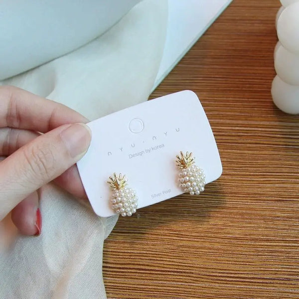 Imitation Pearl Mini Pineapple Earrings for Women Girls Small Simple Korean Fashion Chic Jewelry Gifts 2024