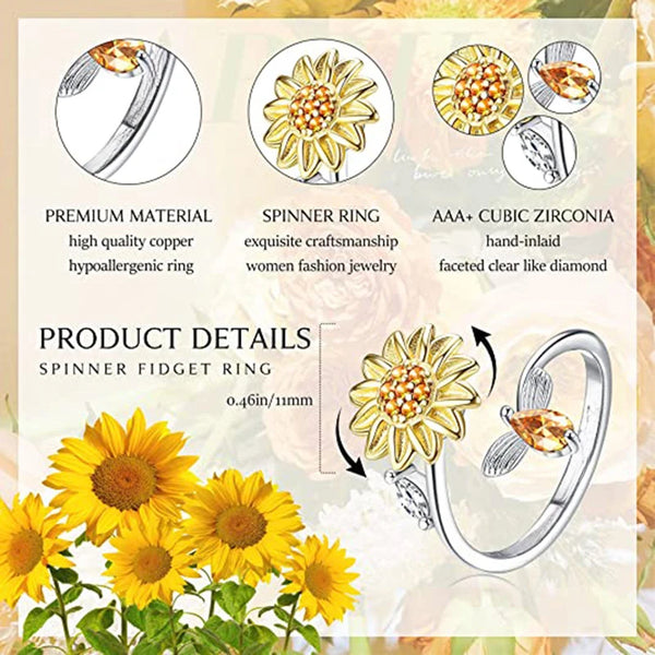 Fidget Rings for Women Sunflower Bee Anxiety Ring Anti-stress Rotating Jewelry Gift