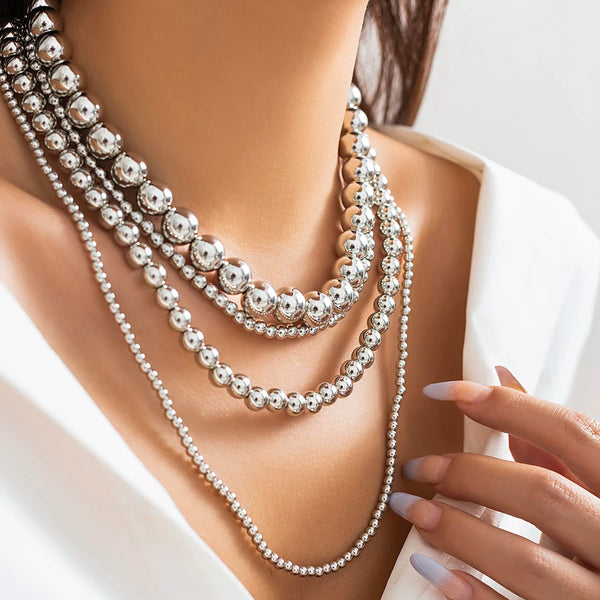 Multilayer Silver Color Big Beads Necklace