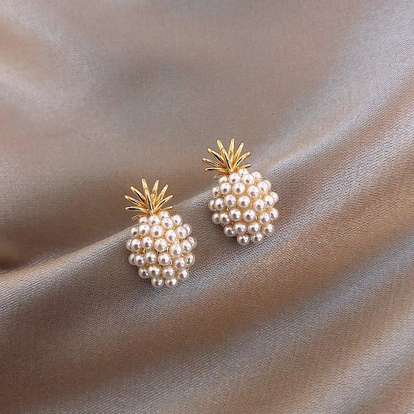 Imitation Pearl Mini Pineapple Earrings for Women Girls Small Simple Korean Fashion Chic Jewelry Gifts 2024