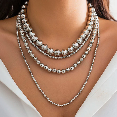 Multilayer Silver Color Big Beads Necklace