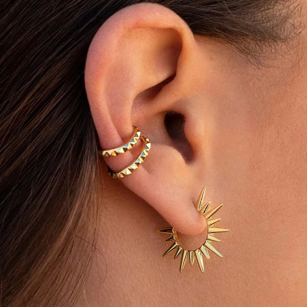 Punk Exaggerated Gold Colour Sun Shape Stud Earrings for Women Hip Hop Rock Metal Irregular Sun Earrings Party Jewelry